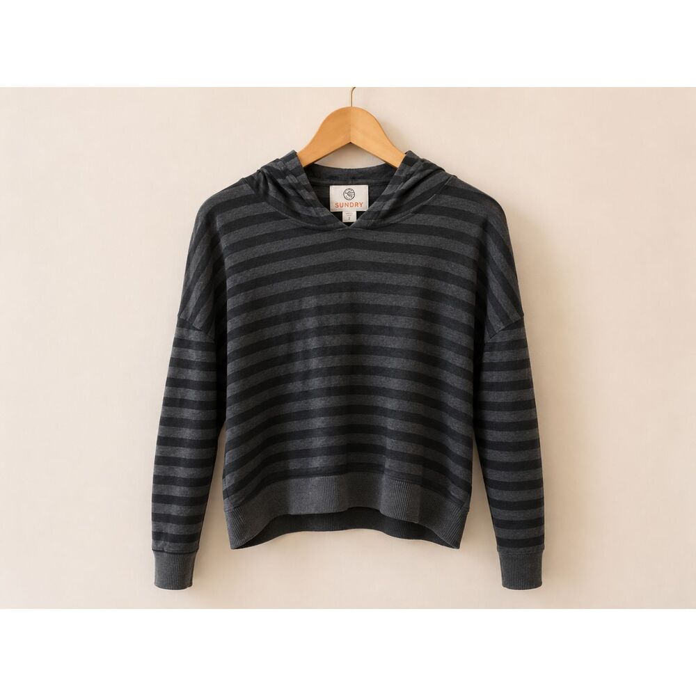 Sundry Striped Hooded Sweatshirt Size 2 Charcoal Gray Pullover GUC